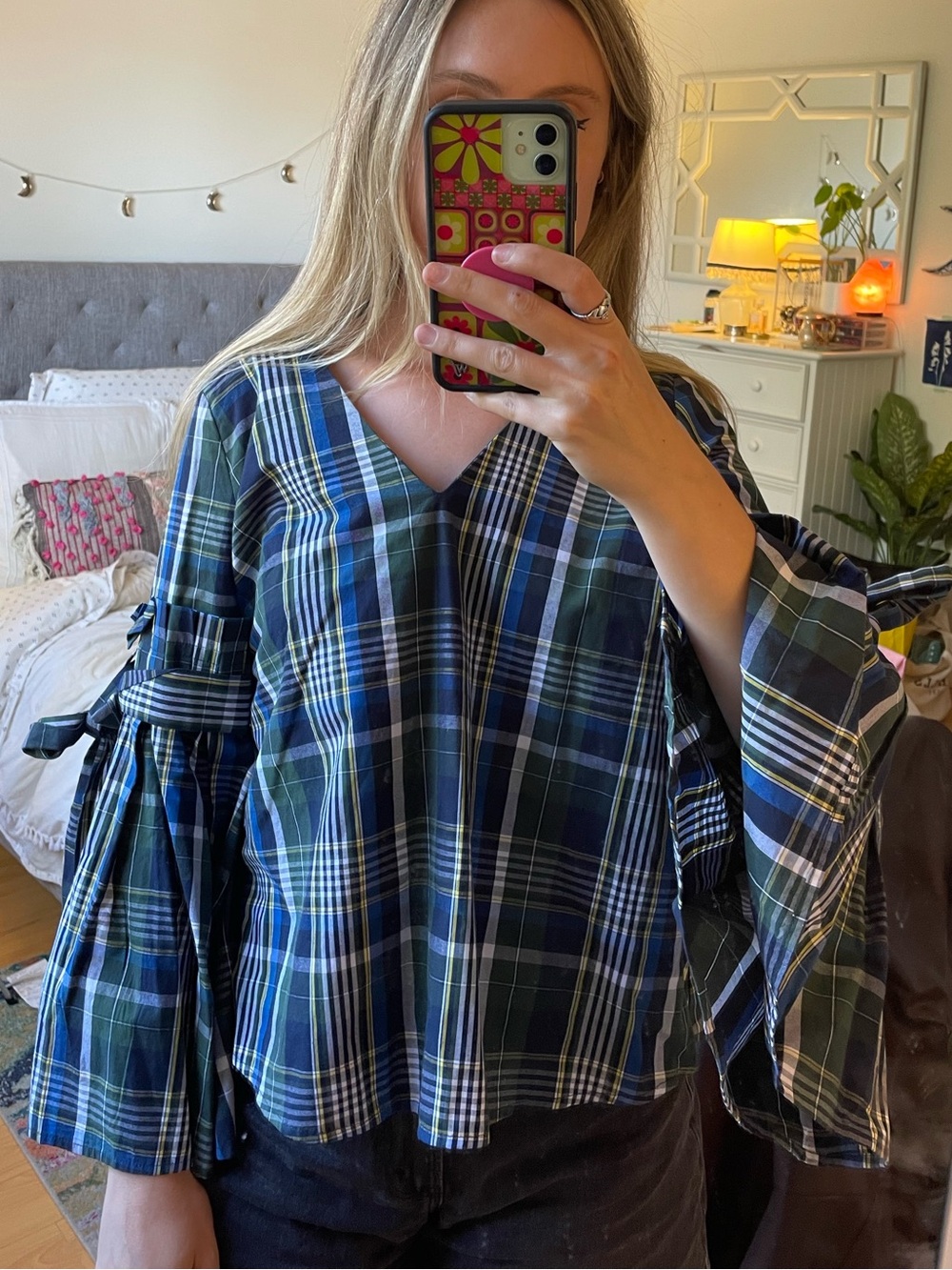 Plaid Long Bell Sleeve Blouse